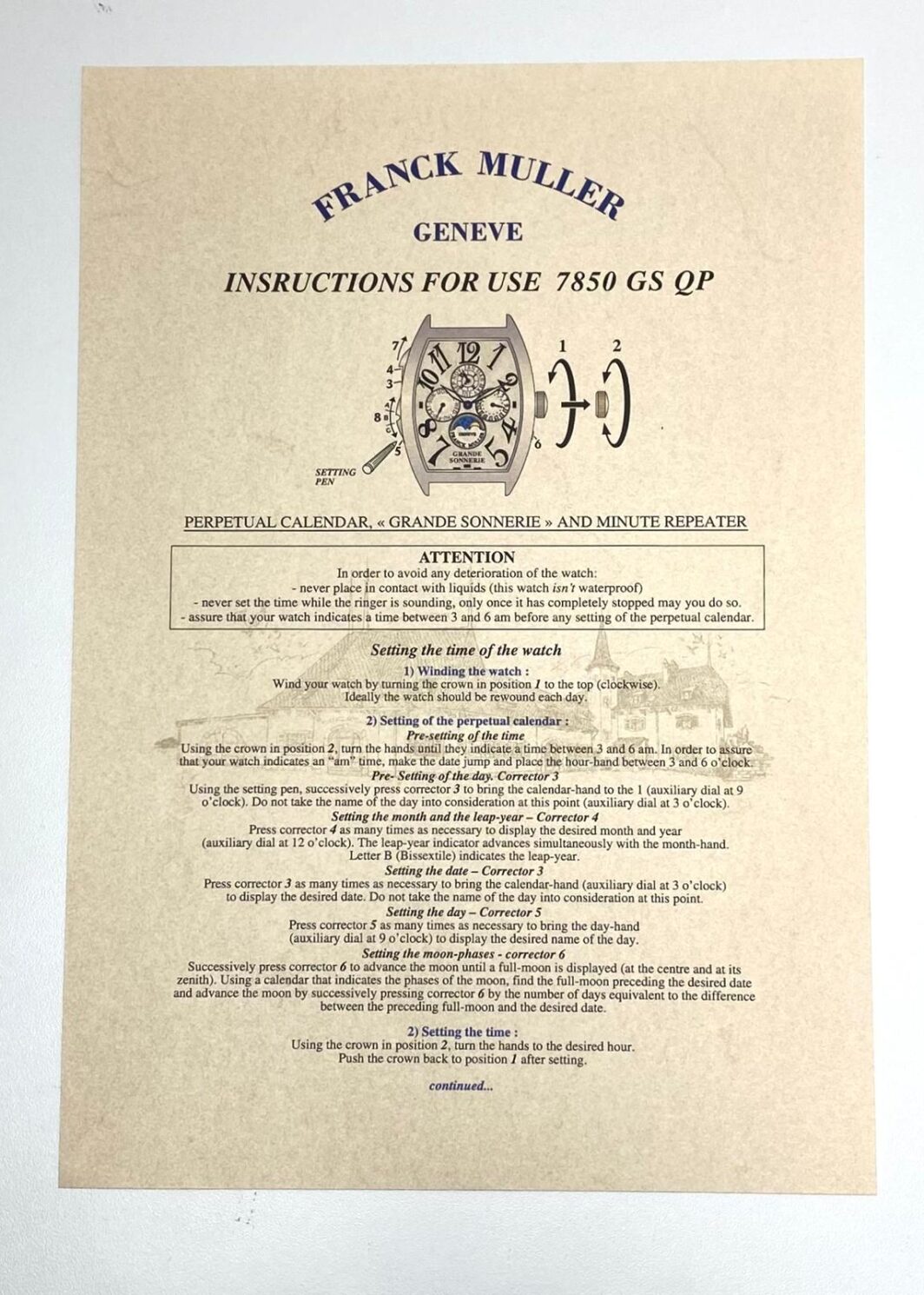 FRANCK MULLER GENEVE INSTRUCTIONS FOR USE 7850 GS QP