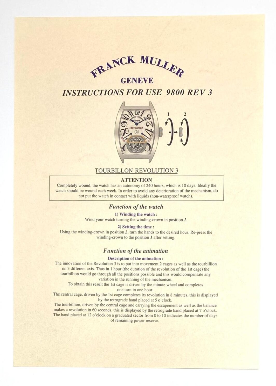 Franck Muller Geneve Instructions for use 9800 REV 3 Anleitung/Beschreibung