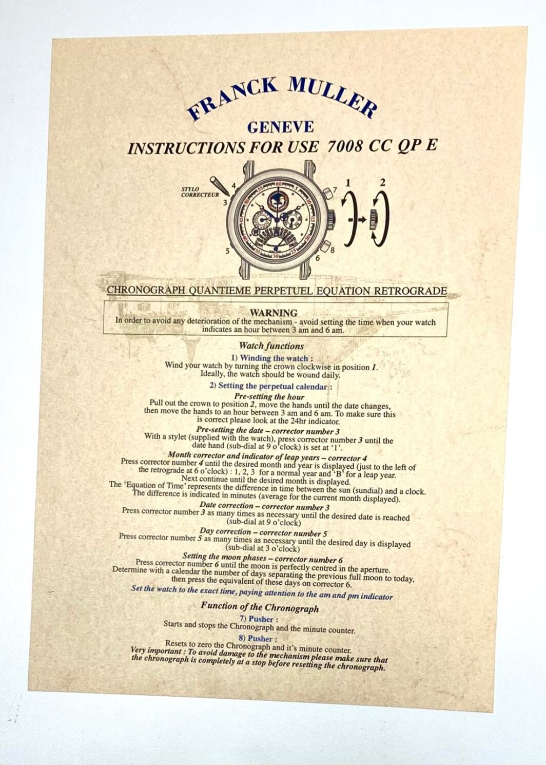 Franck Muller Geneve Instructions for use 7008 CC QP E Anleitung/Beschreibung
